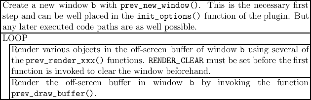 |------------------------------------------------------------------------------|
|Create a new  window  b with prev_new_window   (). This  is the necessary first |
|step and  can be well placed in the init_options () function of the plugin. But |
|any-later-executed-code-paths--are-as-well-possible.-----------------------------|
|LOOP                                                                          |
| |----------------------------------------------------------------------------|
| |Render  various objects in the off-screen bu ffer of window  b using several of|
| |the prev_render_xxx  () functions. RENDER_CLEAR  must  be set before the first |
| |function-is-invoked--to-clear-the-window--beforehand.--------------------------|
| |Render   the  o ff-screen  bu ffer  in  window   b  by  invoking  the  function |
| |prev_draw_buffer   ().                                                      |
-------------------------------------------------------------------------------|
